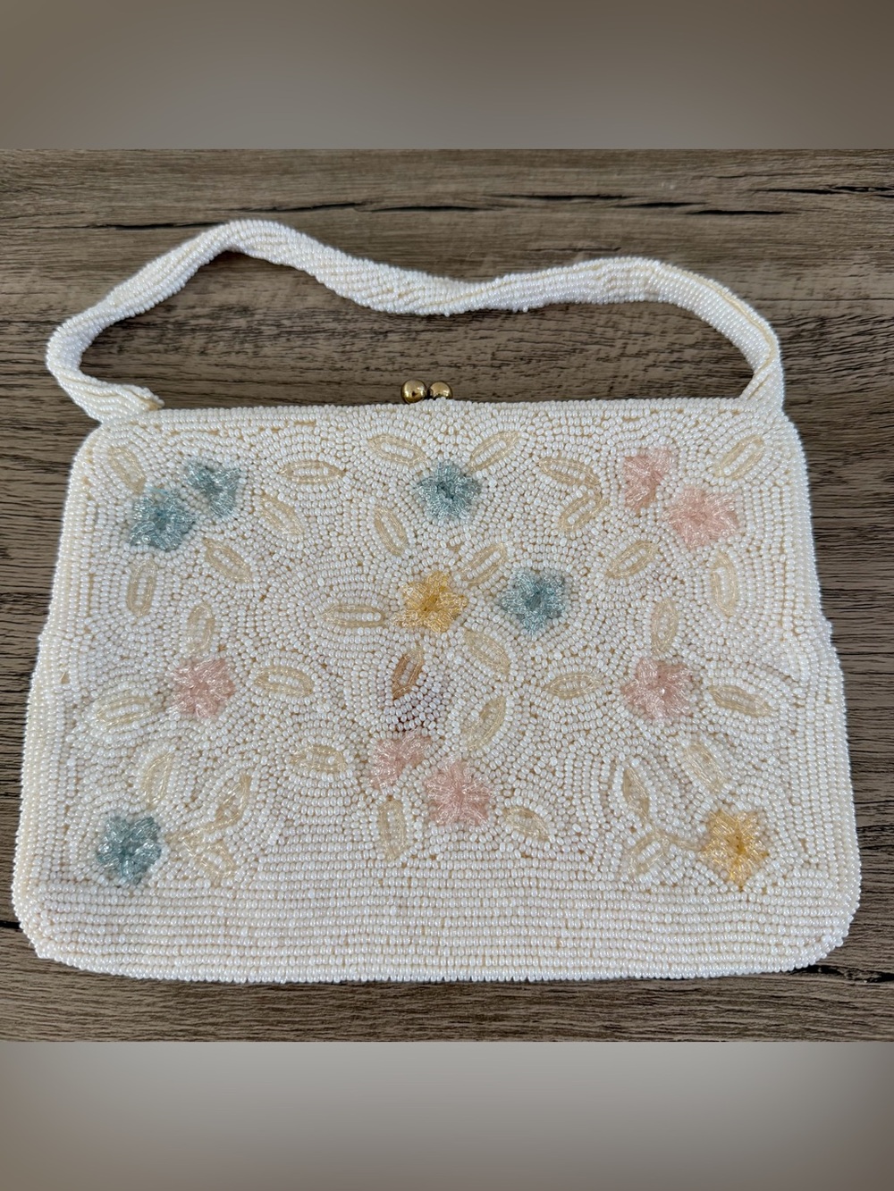 Vintage White Floral Pastel Evening Beaded Bag Clutch Richere Handmade In Japan
